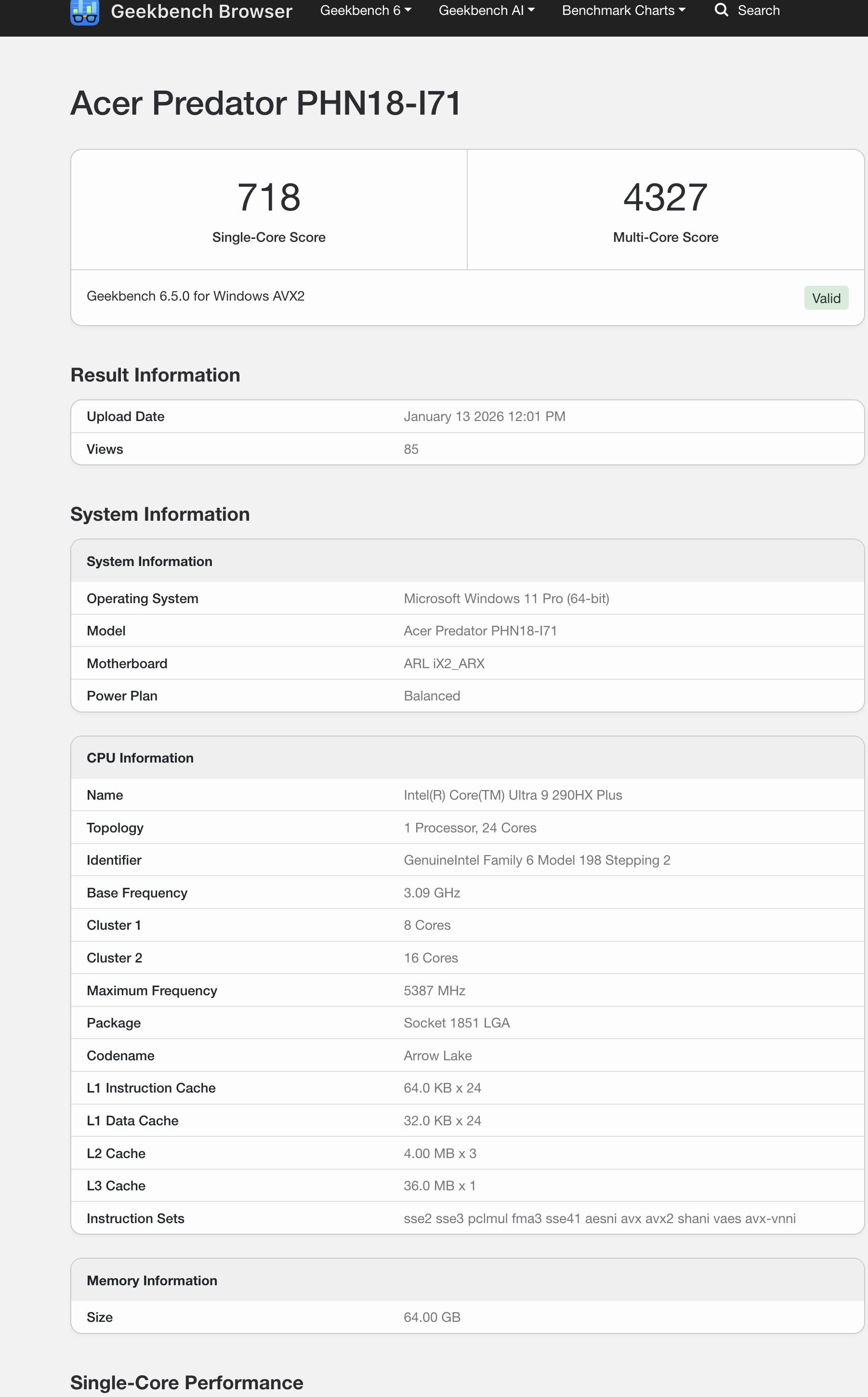 Intel Core Ultra 9 290HX Plus Geekbench