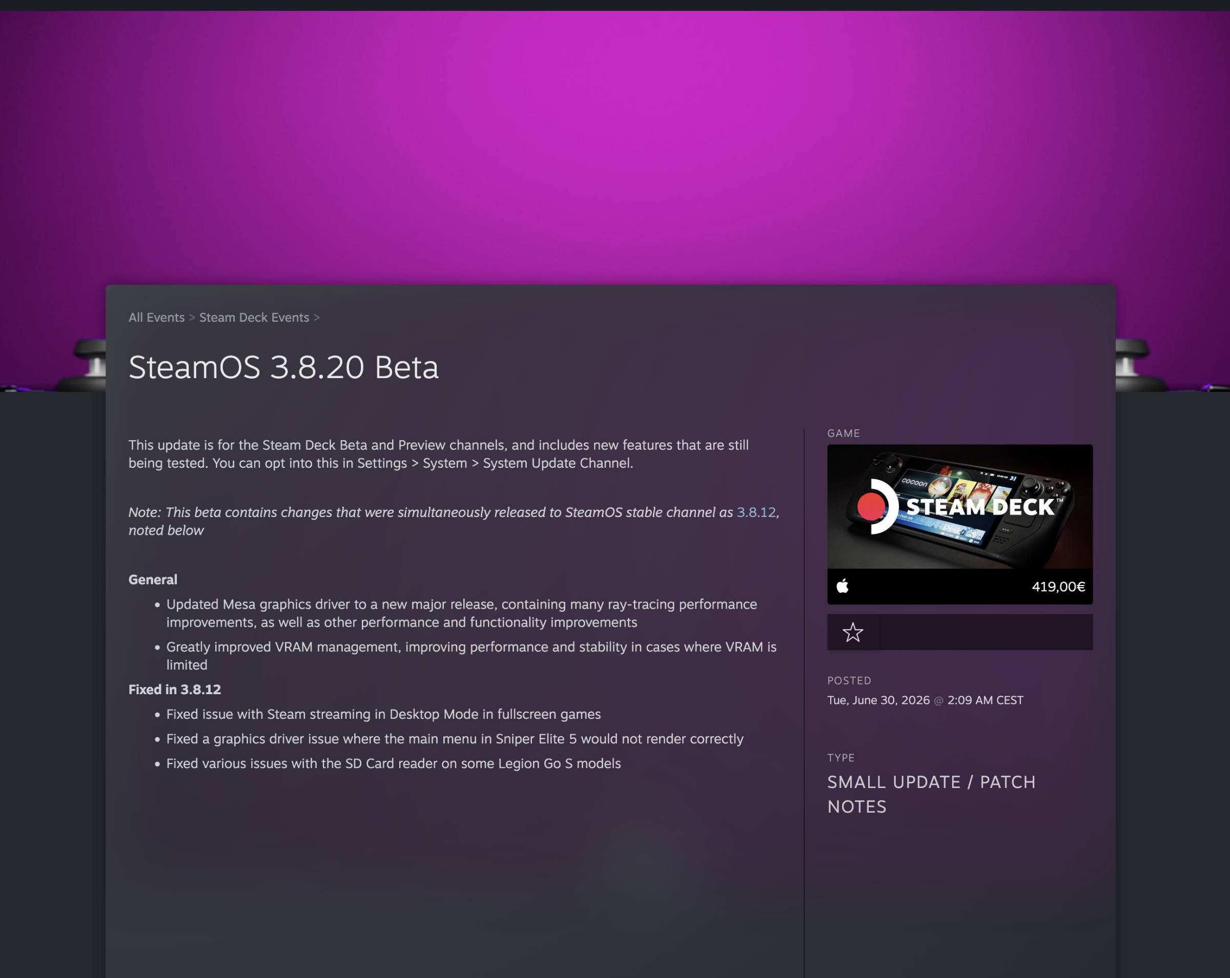 SteamOS 3 8 20 Beta  Bild © Valve