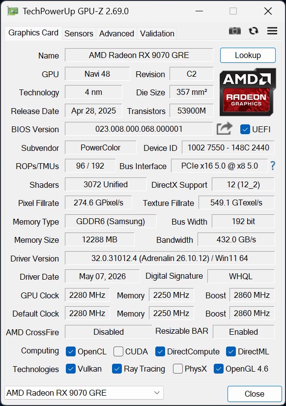 PowerColor Radeon RX 9070 GRE GPUz