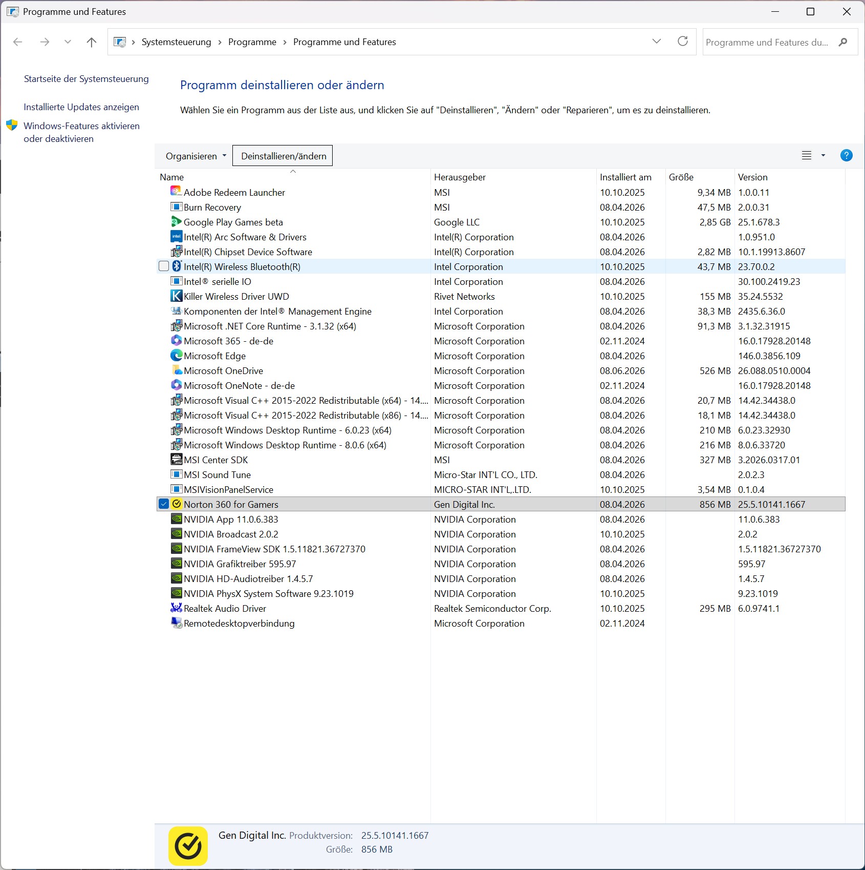 MSI MEG Vision XBloatware Installierte MSI MEG Vision XBloatware Installierte