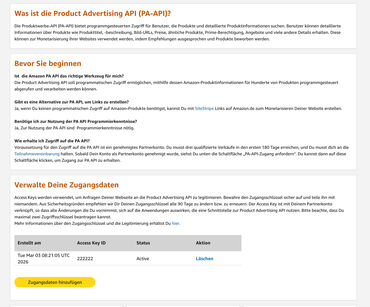 Amazon Product Advertising API Anmelden und API Key erstellen