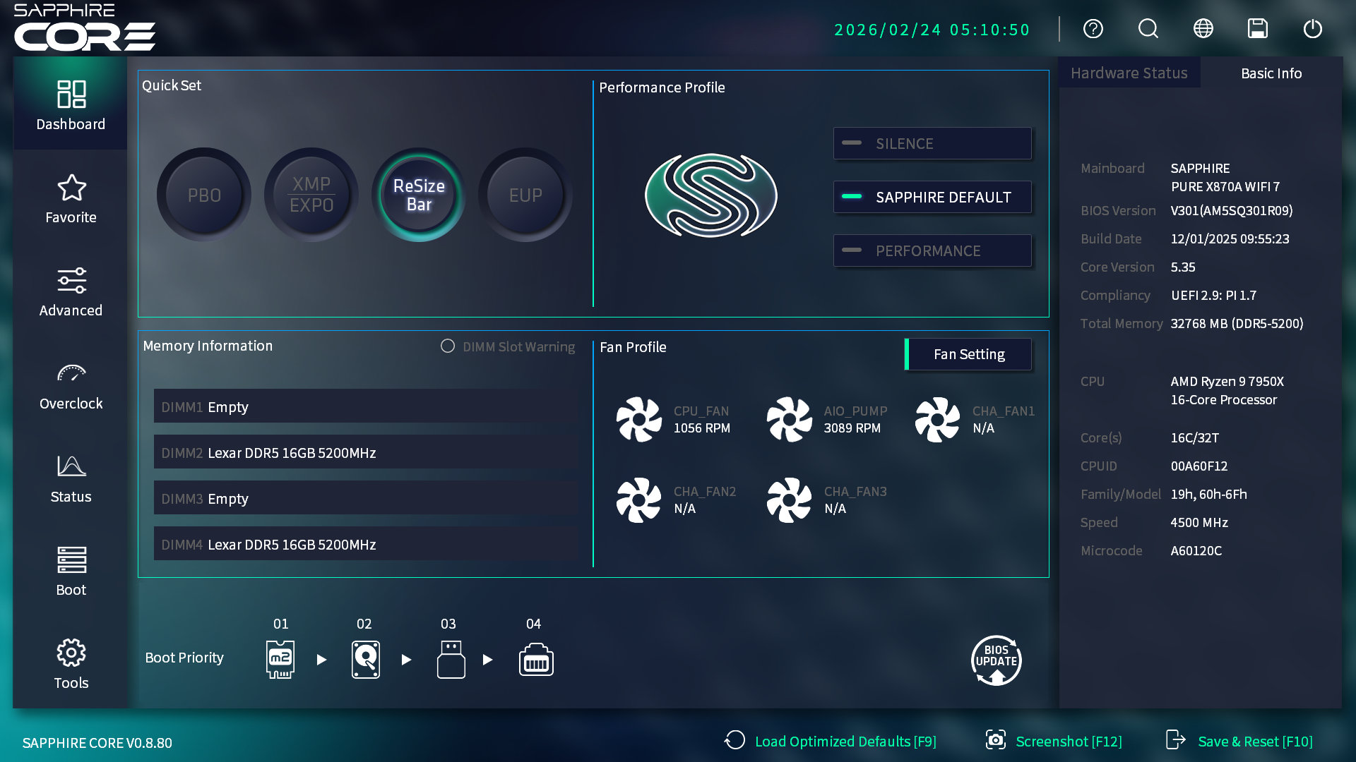 Sapphire PURE X870A WIFI 7 BIOS Dashboard