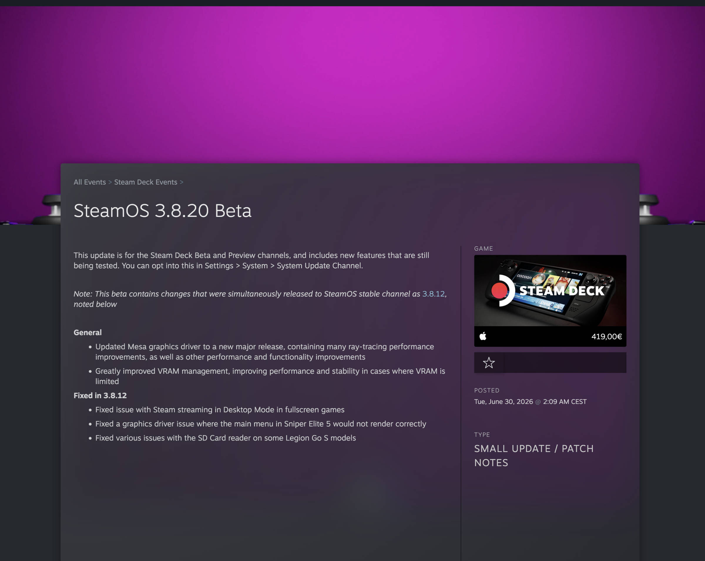 SteamOS 3 8 20 Beta  Bild © Valve