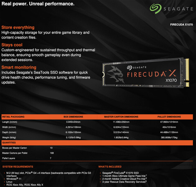 Seagates FireCuda X1070 NVMe SSD Spezifikation en Seagates FireCuda X1070 NVMe SSD Spezifikation en