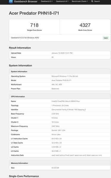 Intel Core Ultra 9 290HX Plus Geekbench