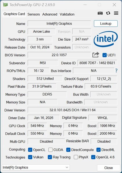 MSI MEG Vision X AI - GPUz Intel ARC