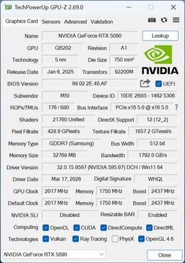 MSI MEG Vision X AI - GPUz GeForce RTX 5090