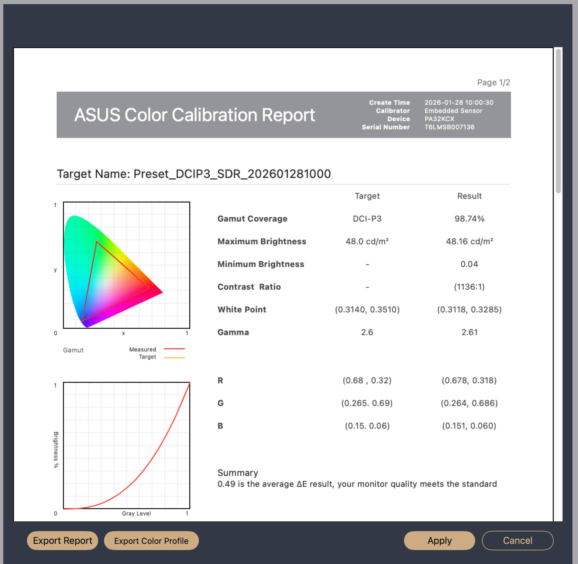 ASUS ProArt Calibration kalibriert