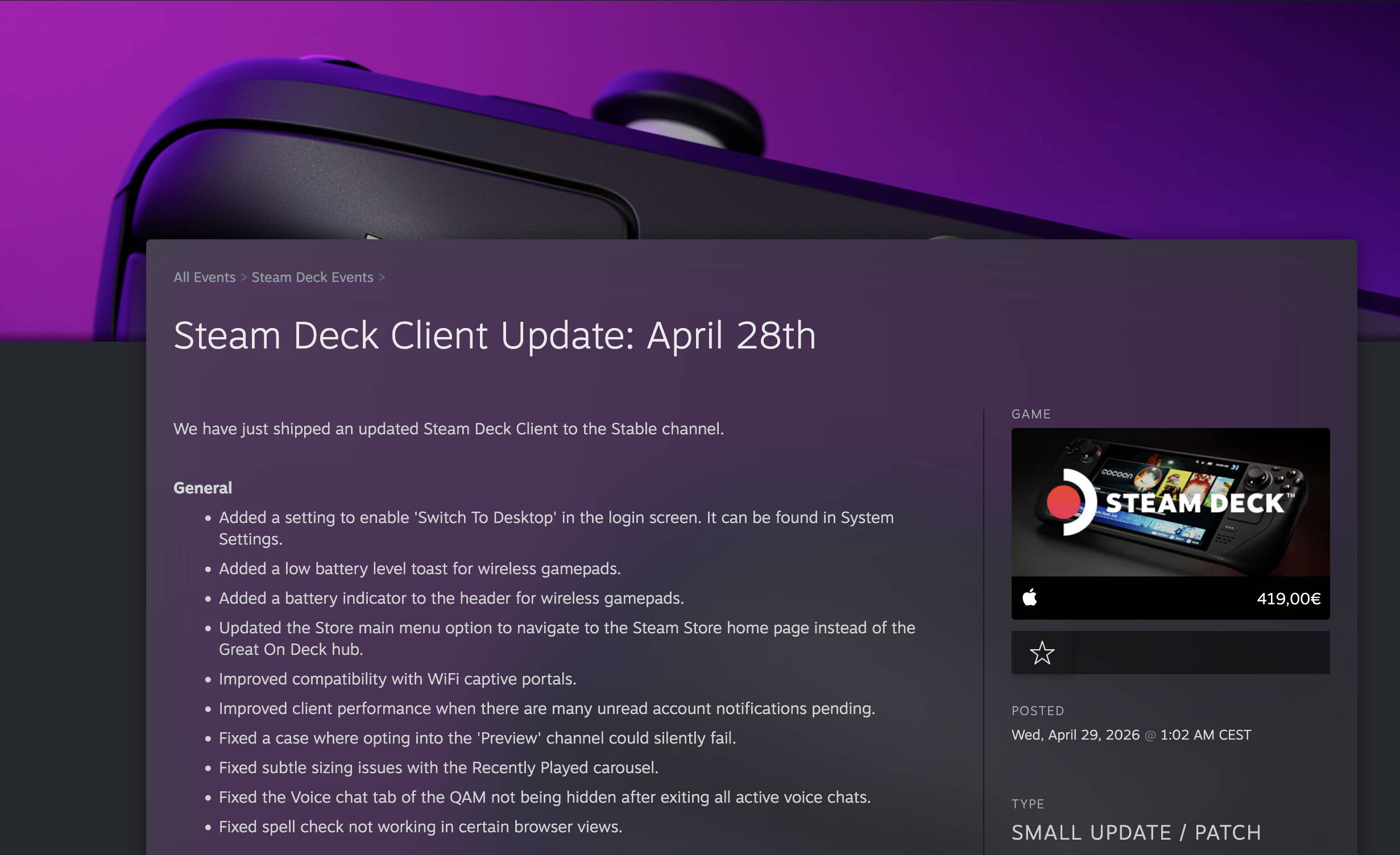 Steam Deck April 2026 Update  Bild © Valve