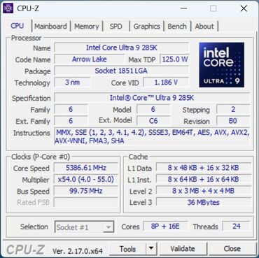 MSI MEG Vision X AI - CPUz Intel Core Ultra 9 285K MSI MEG Vision X AI - CPUz Intel Core Ultra 9 285K