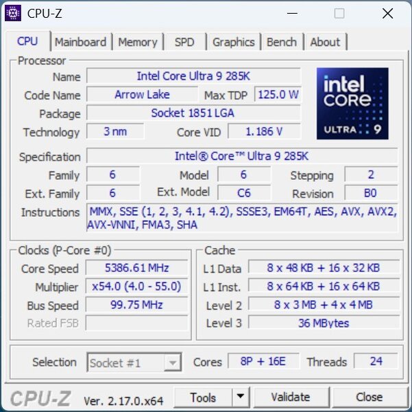 MSI MEG Vision X AI - CPUz Intel Core Ultra 9 285K