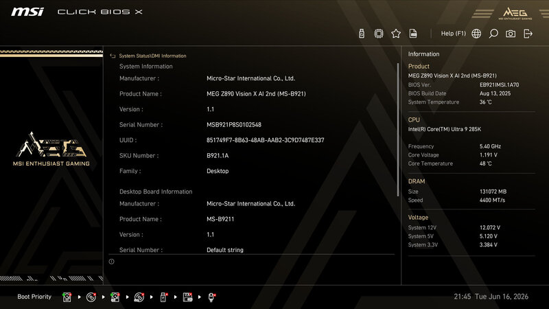MSI MEG Vision X AI BIOS System DMI