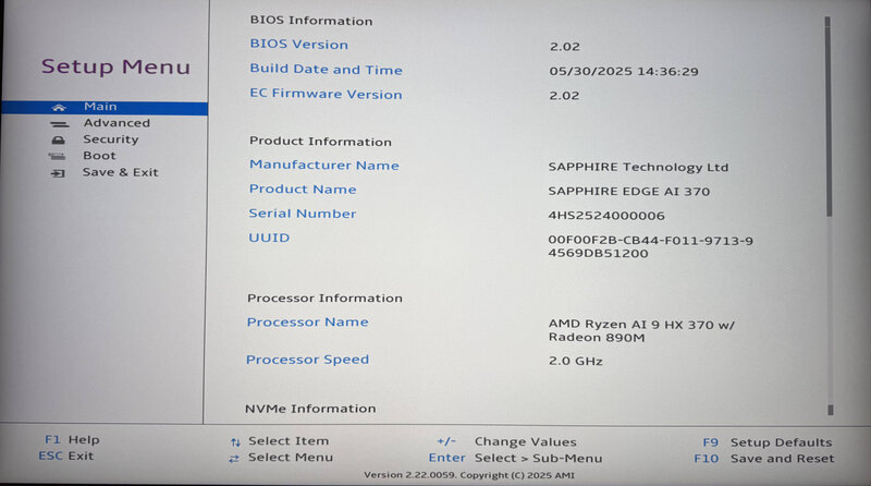Sapphire EDGE AI BIOS Main