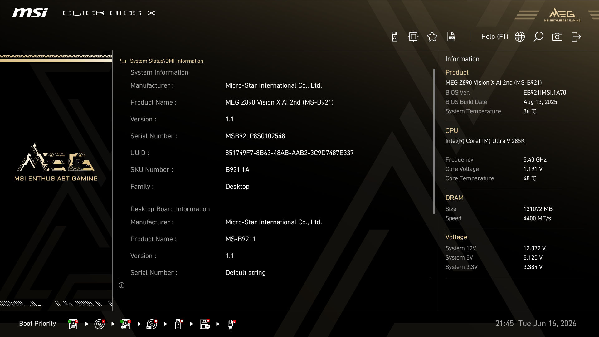 MSI MEG Vision X AI BIOS System DMI MSI MEG Vision X AI BIOS System DMI