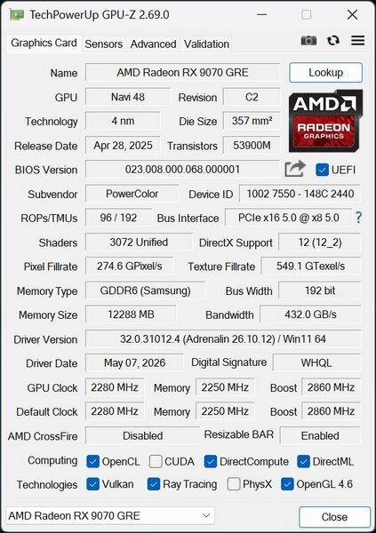 PowerColor Radeon RX 9070 GRE GPUz PowerColor Radeon RX 9070 GRE GPUz