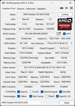 PowerColor Radeon RX 9070 GRE GPUz PowerColor Radeon RX 9070 GRE GPUz