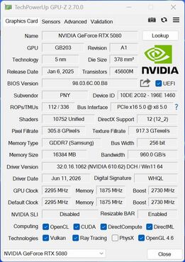 PNY GeForce RTX 5080 Slim OC GPUz