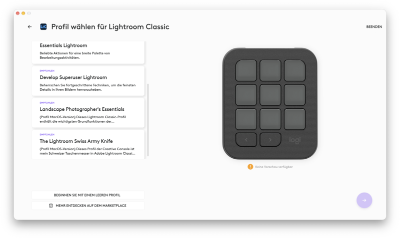 Logitech MX Keypad Options Profilauswahl für Lightroom Logitech MX Keypad Options Profilauswahl für Lightroom