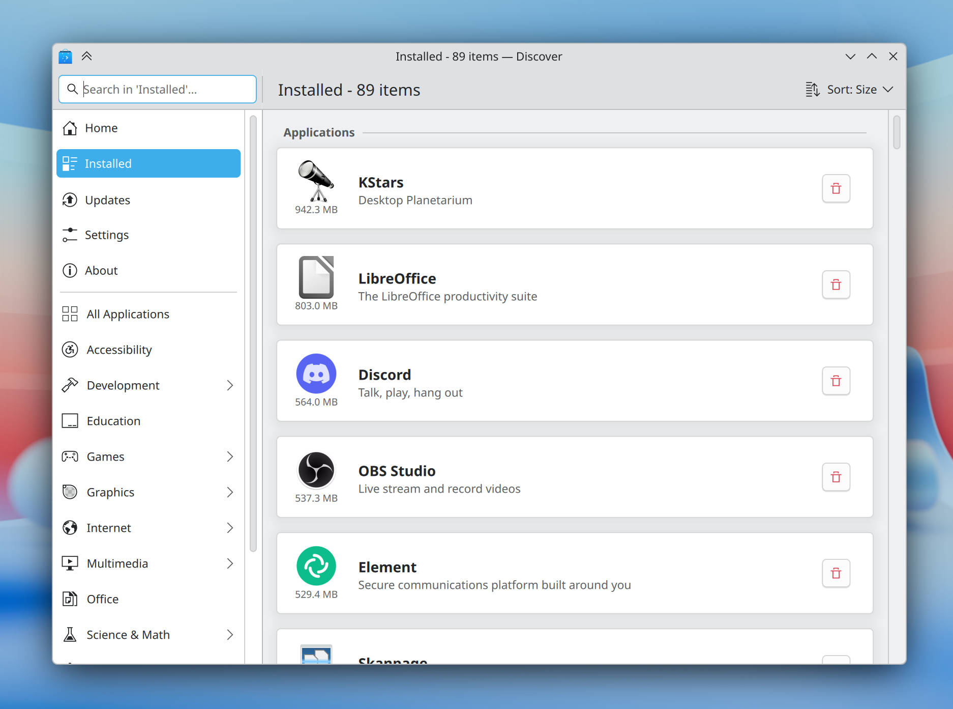 KDE Plasma 6 7 Discover installed page