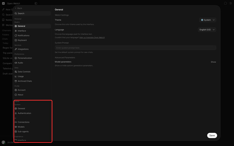 Open WebUI v0 11 0 unified settings with the Admin section