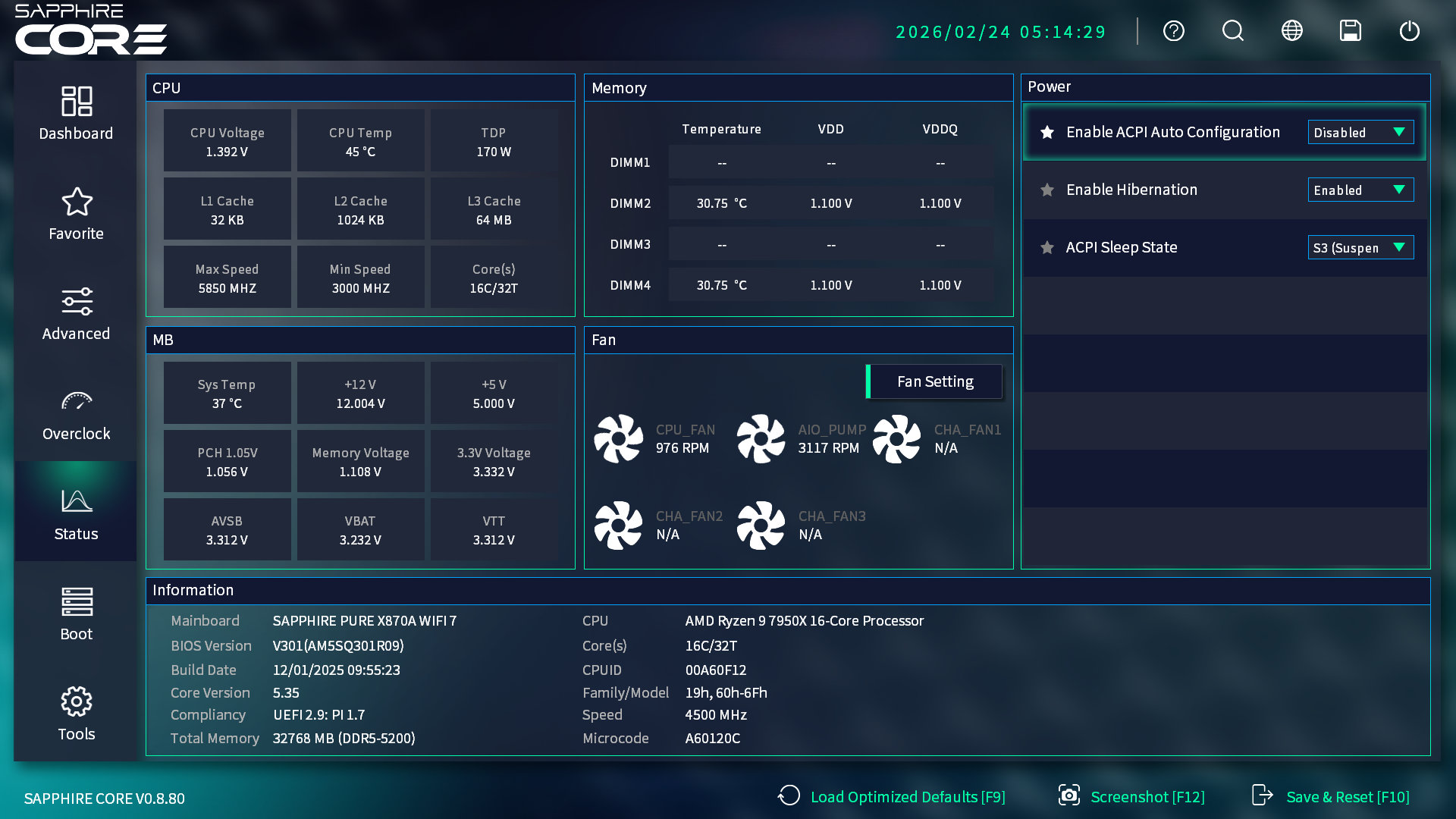 Sapphire PURE X870A WIFI 7 BIOS Status