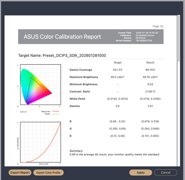 ASUS ProArt Calibration kalibriert ASUS ProArt Calibration kalibriert
