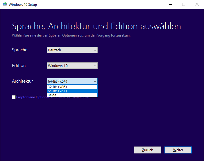 Windows 10 vom USB-Stick installieren 02 - Sprache und Architektur