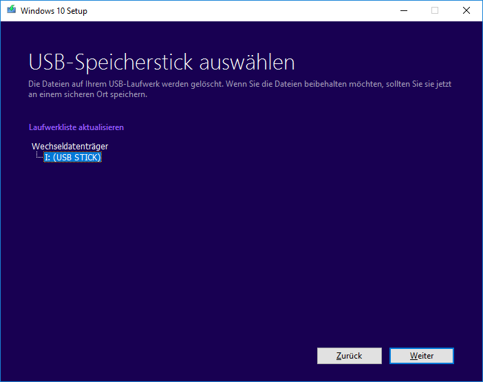 Windows 10 vom USB-Stick installieren 04 - Auswahl des Sticks