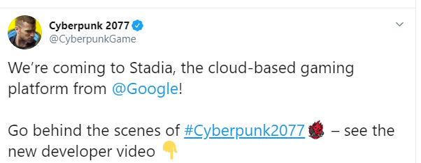 Cyberpunk 2077 Google Stadia Tweet