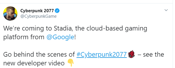 Cyberpunk 2077 Google Stadia Tweet  Bild © CD Projekt Red