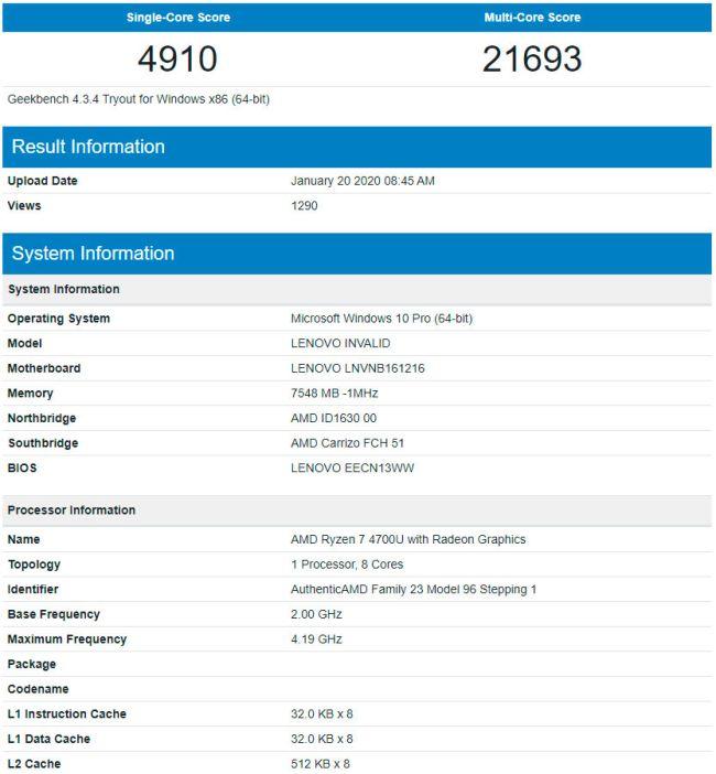 AMD Ryzen 7 4700U Geekbench