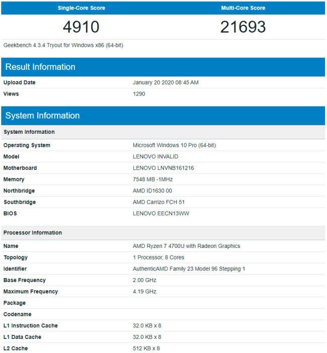 AMD Ryzen 7 4700U Geekbench  Bild © Primate Labs Inc.