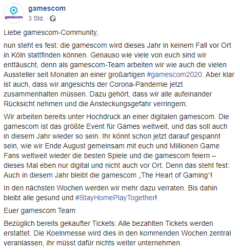 Gamescom 2020 abgesagt  Bild © Gamescom