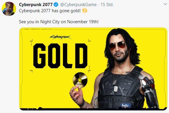 Cyberpunk 2077 Gold Tweet  Bild © CD Projekt Red