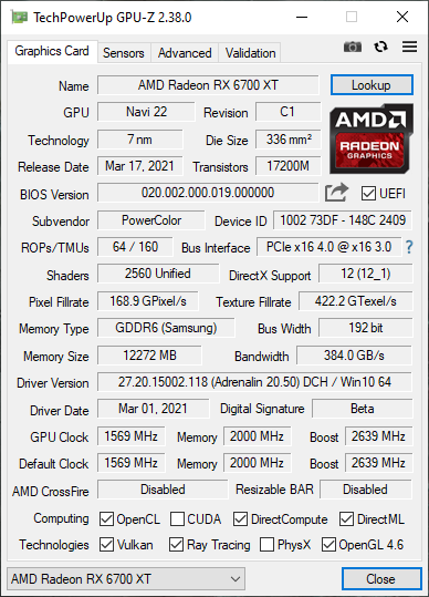  PowerColor Red Devil RX 6700 XT GPUz