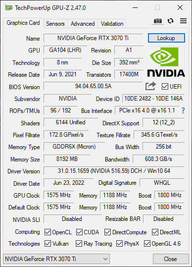 KFA2 GeForce RTX 3070 Ti EX GPUz Spezifikation KFA2 GeForce RTX 3070 Ti EX GPUz Spezifikation