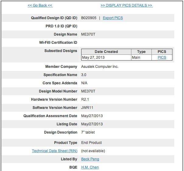 Nexus 7 2 Bluetooth SIG Eintrag