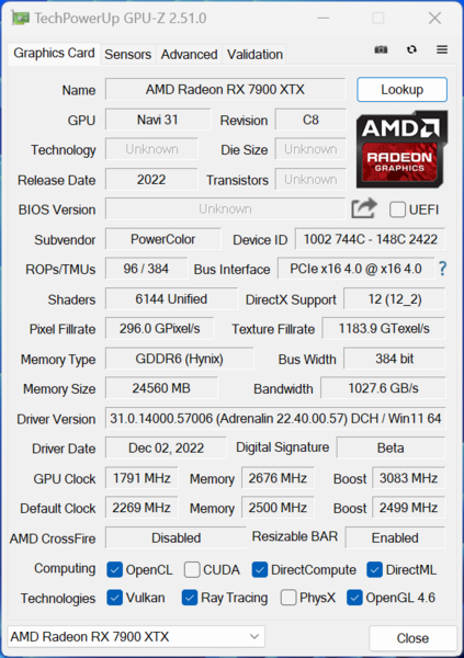 PowerColor Radeon RX 7900 XTX RedDevil GPU-z