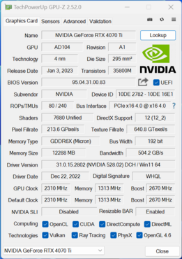 KFA2 GeForce RTX 4070 Ti SG GPU-Z