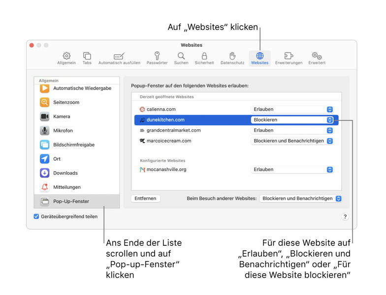 Pop-Ups auf einer Website erlauben oder blockieren (Safari) Pop-Ups auf einer Website erlauben oder blockieren (Safari)