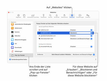 Pop-Ups auf einer Website erlauben oder blockieren (Safari)