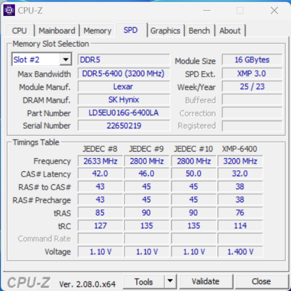 Lexar ARES RGB 32 GB DDR5-6400-Kit CPUz-Timings Lexar ARES RGB 32 GB DDR5-6400-Kit CPUz-Timings