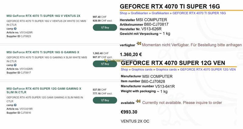 MSI GEFORCE RTX 40 SUPER Preise MSI GEFORCE RTX 40 SUPER Preise