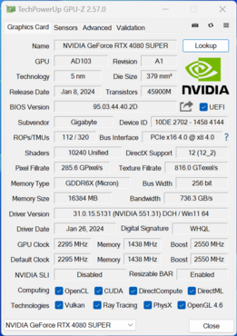 GIGABYTE RTX 4080 SUPER Windforce V2 16G GPUz