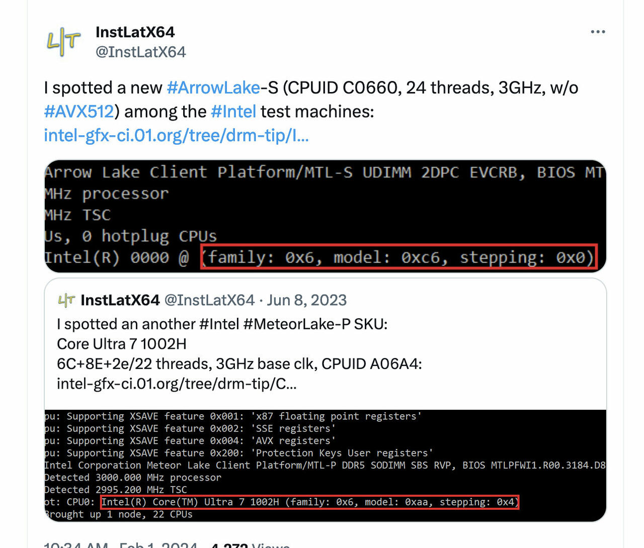 Intel Arrow Lake-S CPU Leak  Bild © @InstLatX64 auf X