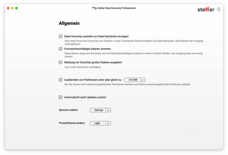 Stellar Data Recovery Einstellungen Stellar Data Recovery Einstellungen