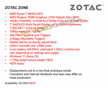ZOTAC ZONE Handheld Spezifikationen-Leak beinhalten Ryzen 7 8840U