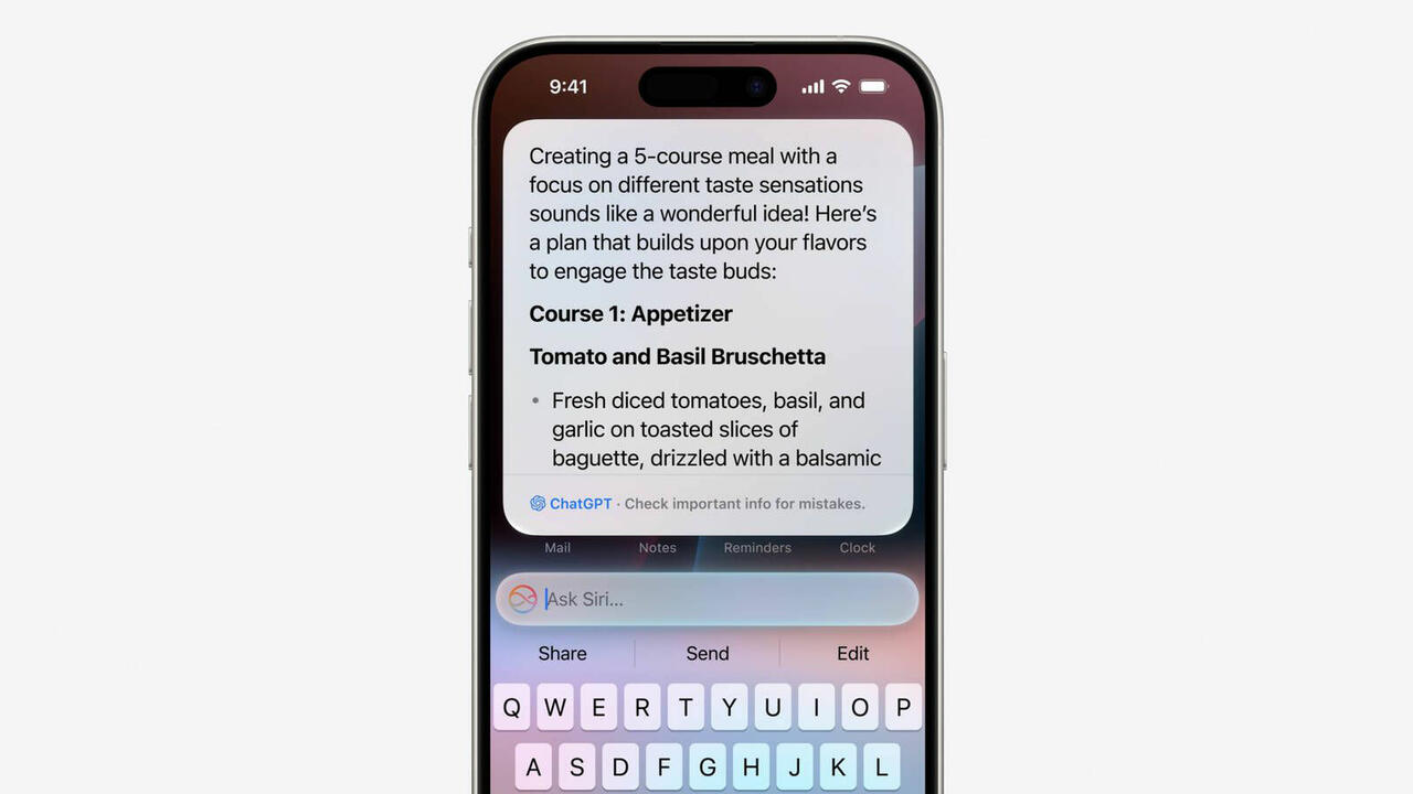ChatGPT 4o in iOS 18, iPadOS 18 und MacOS auch in Verbindung mit Siri kostenlos und mit Account  Bild © Apple