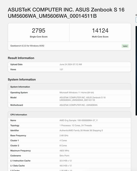 ASUS Zenbook S 16 Benchmark ASUS Zenbook S 16 Benchmark