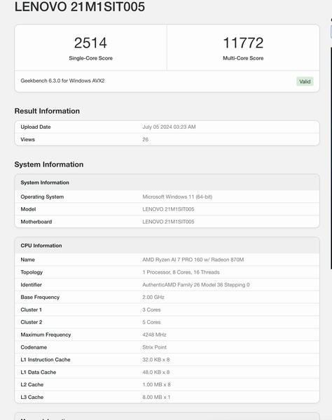 AMDs Ryzen AI 7 PRO 160 APU geleakt AMDs Ryzen AI 7 PRO 160 APU geleakt